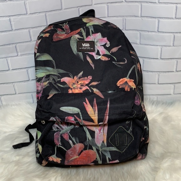 vans black backpack with flowers